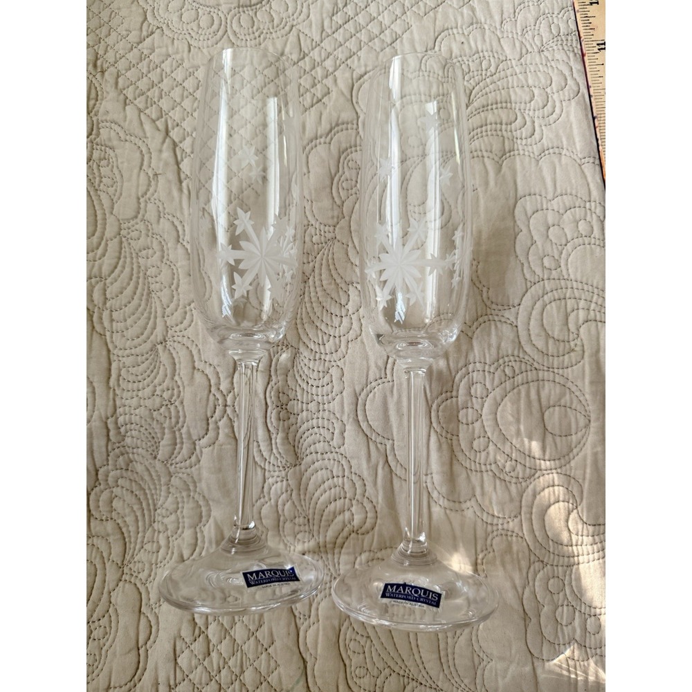 Waterford Marquis Champagne Flutes Glass Winterfest Snowflake Set of 2.
